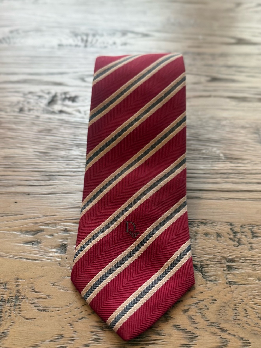 Dior Red Striped Tie with Cream and Black Accents